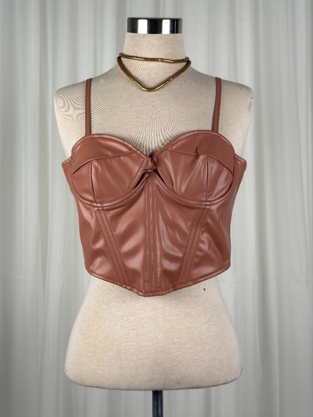 Forever‎ 21 Faux Leather Corset Crop Top Nude Pink Y2K Bustier Large